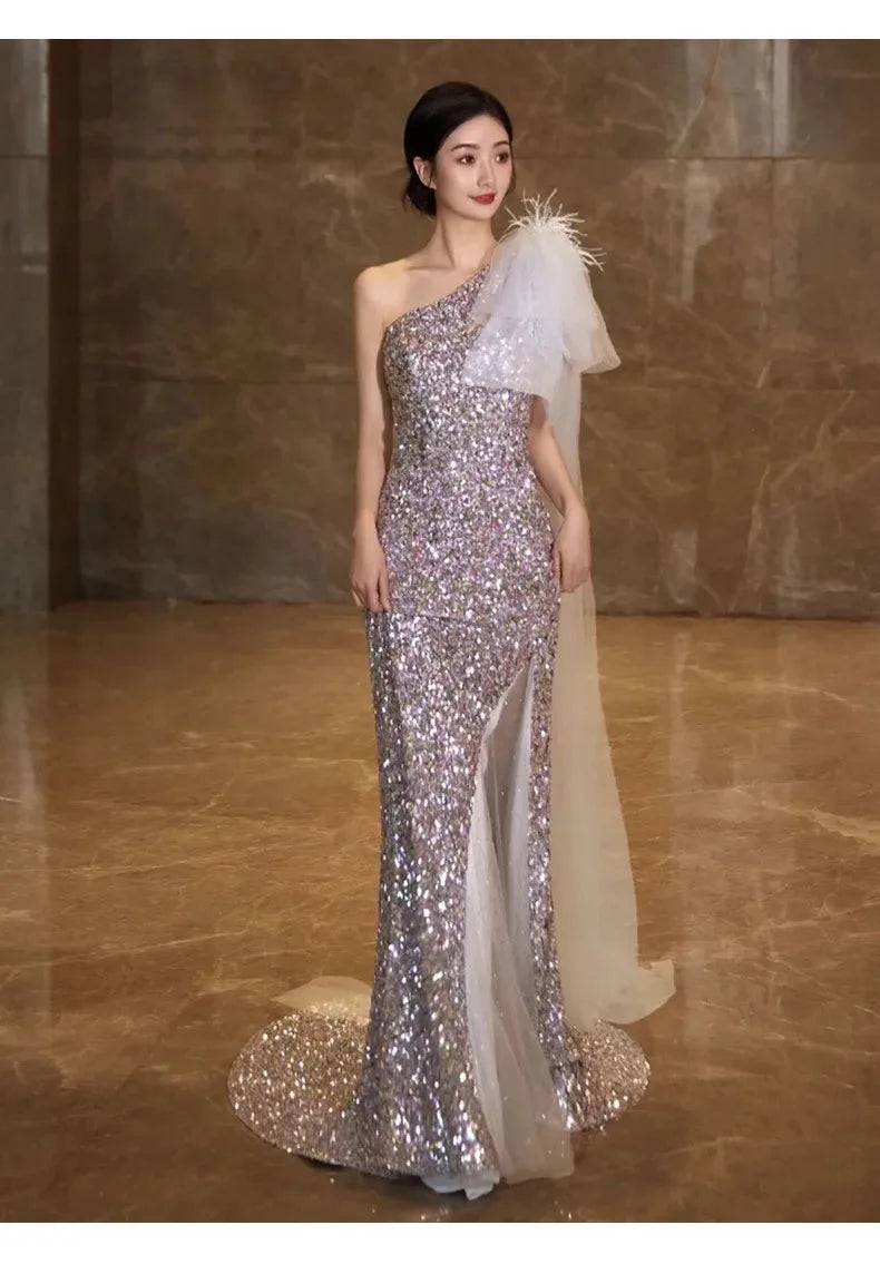 Sparkling Asymmetrical Sequin Gown With Sheer Overlay on Luulla