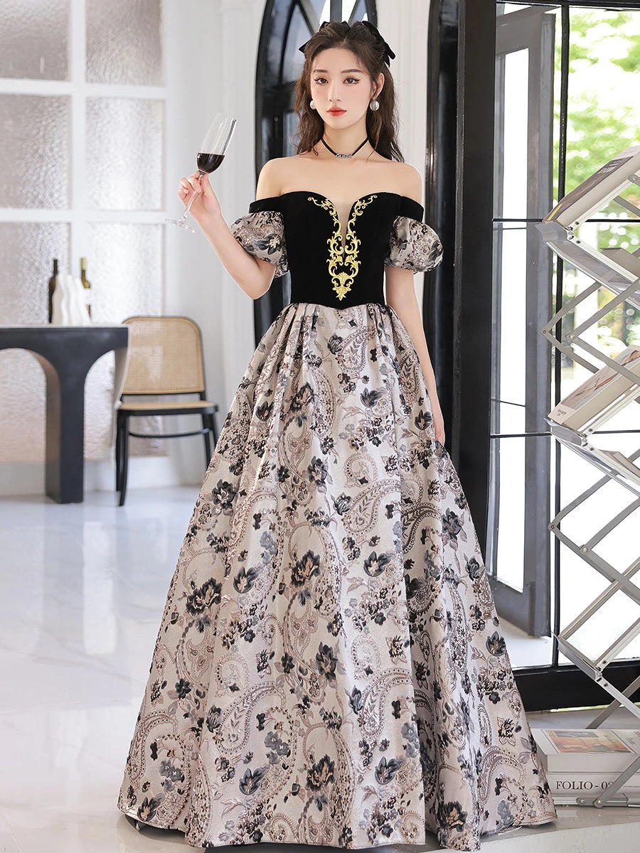 Vintage Black Floral Off-shoulder Evening Gown on Luulla