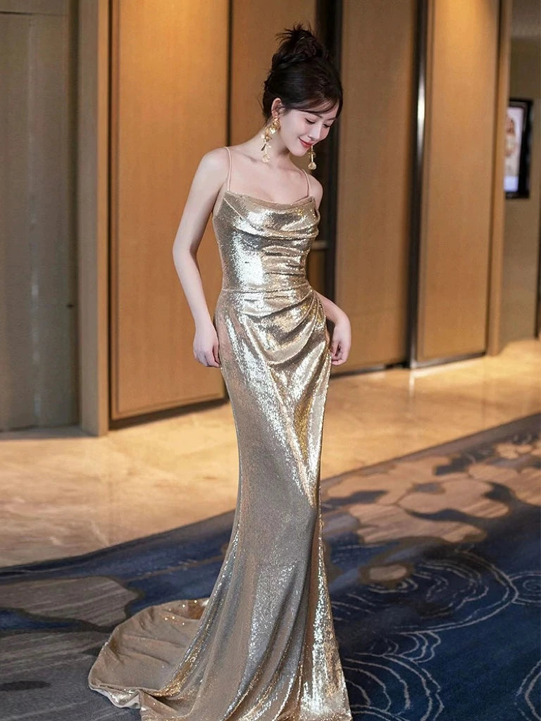 Gold Sequin Spaghetti Strap Hollow Long Dress main image 1
