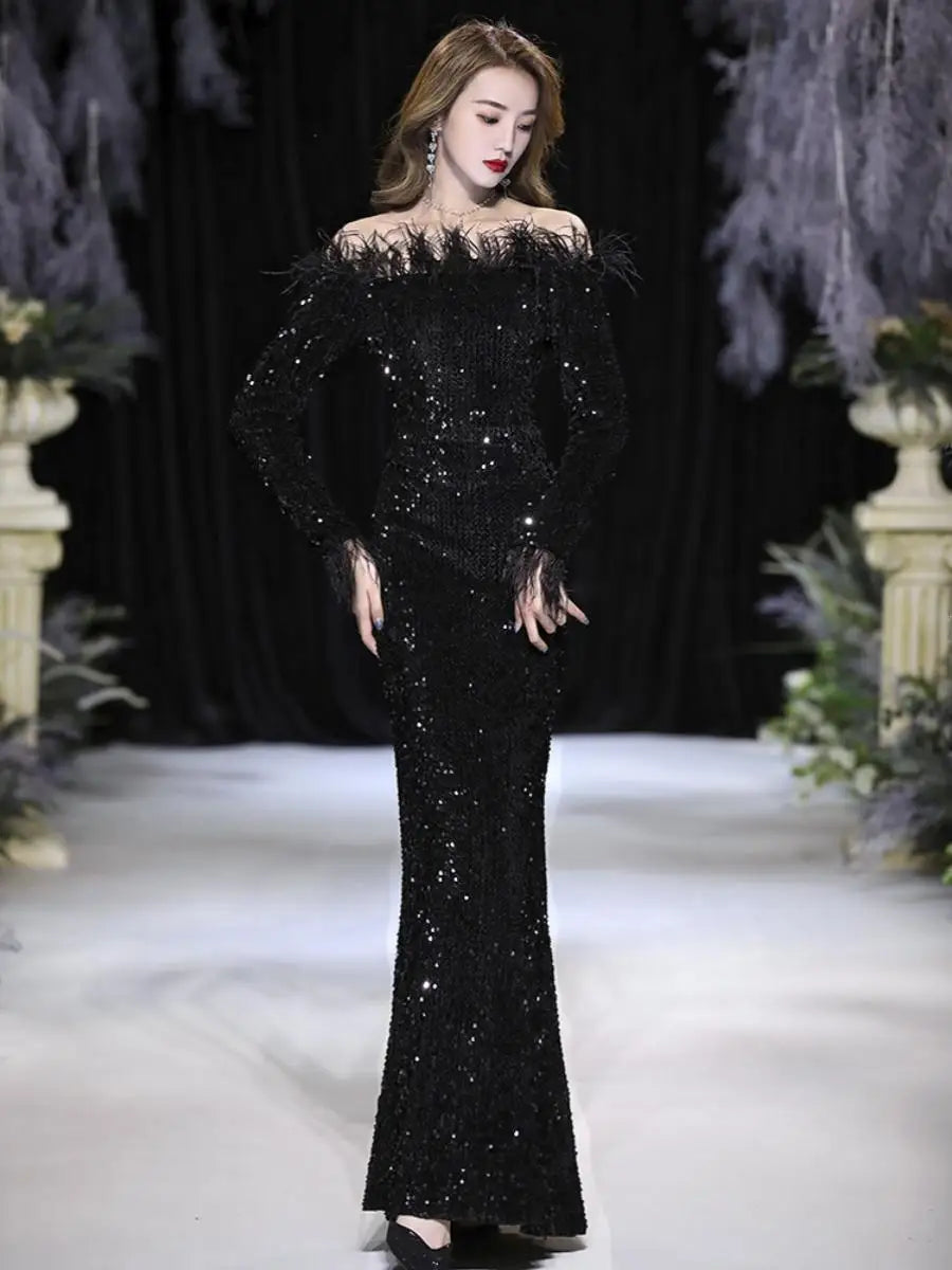 Black Sequin Gown With Feathered Shoulders on Luulla