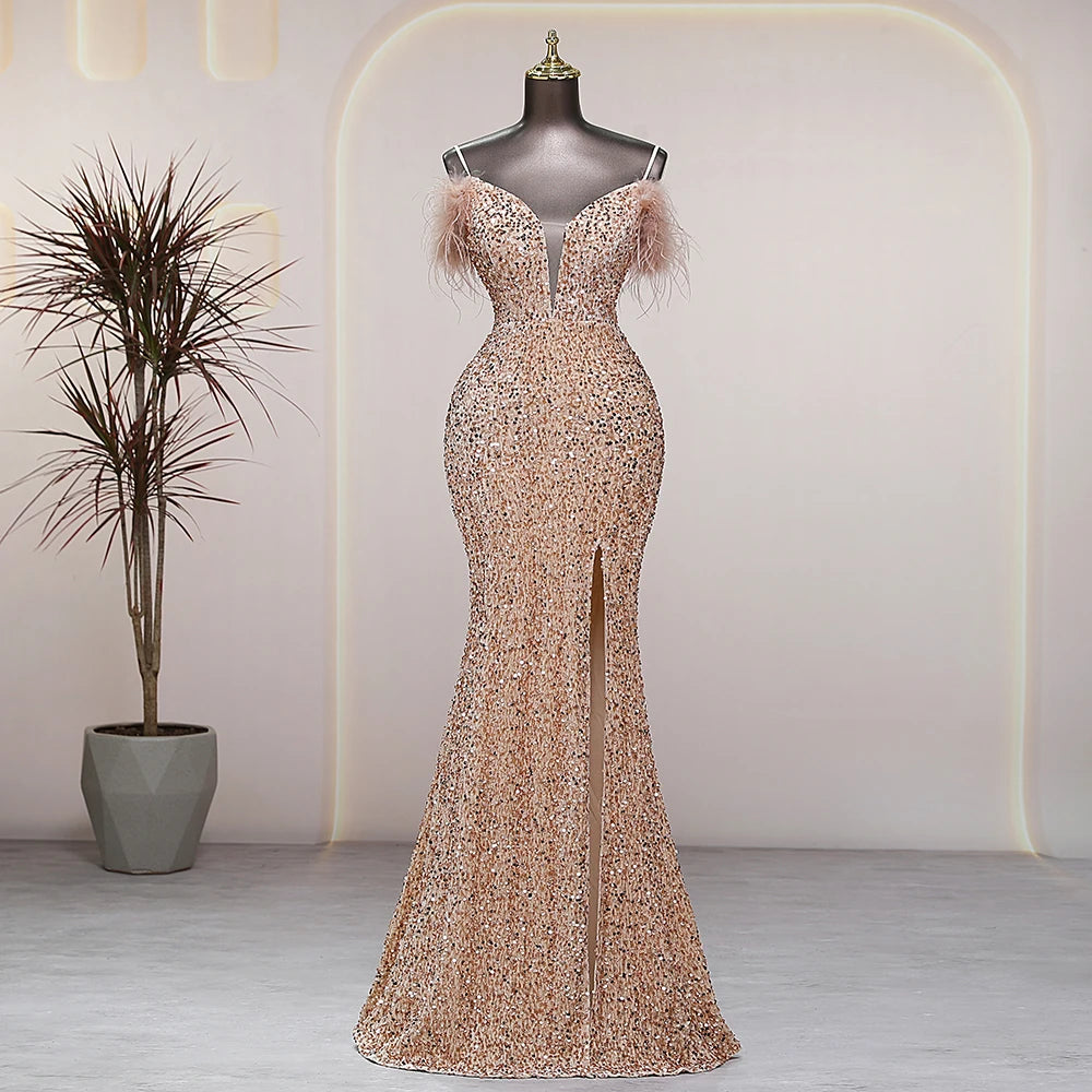 Sparkling Sequin Gown With Feather Detailing Slit on Luulla