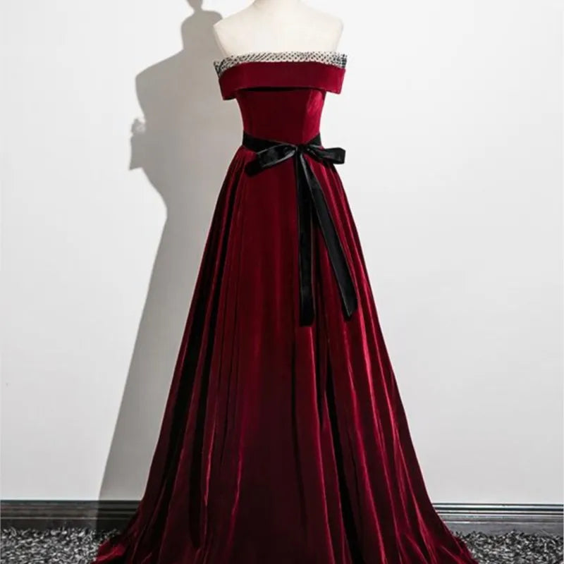 Velvet Off-Shoulder V-Cut Neck Long Sleeve Gown Plum main image 1