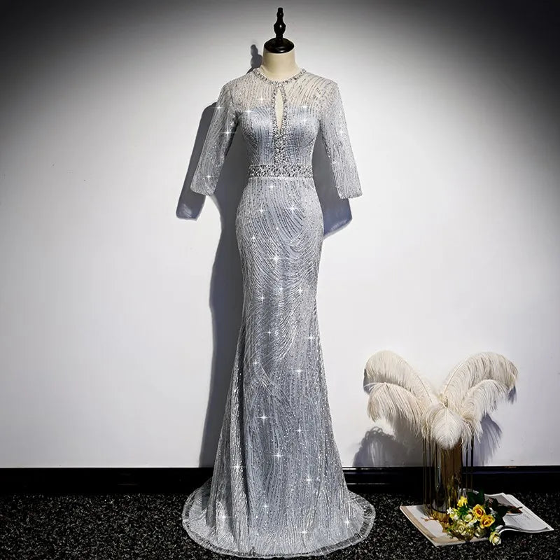 Sparkling Silver Evening Gown With Sheer Sleeves on Luulla