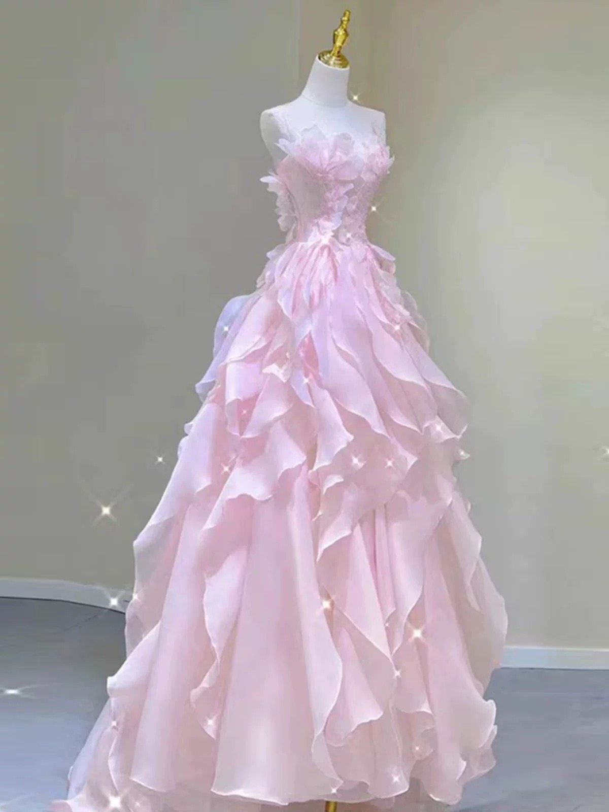 Chic Ball Gown Strapless Long Sleeves Floral Ruffles Green Prom Dresses Birthday Outfits main image 1